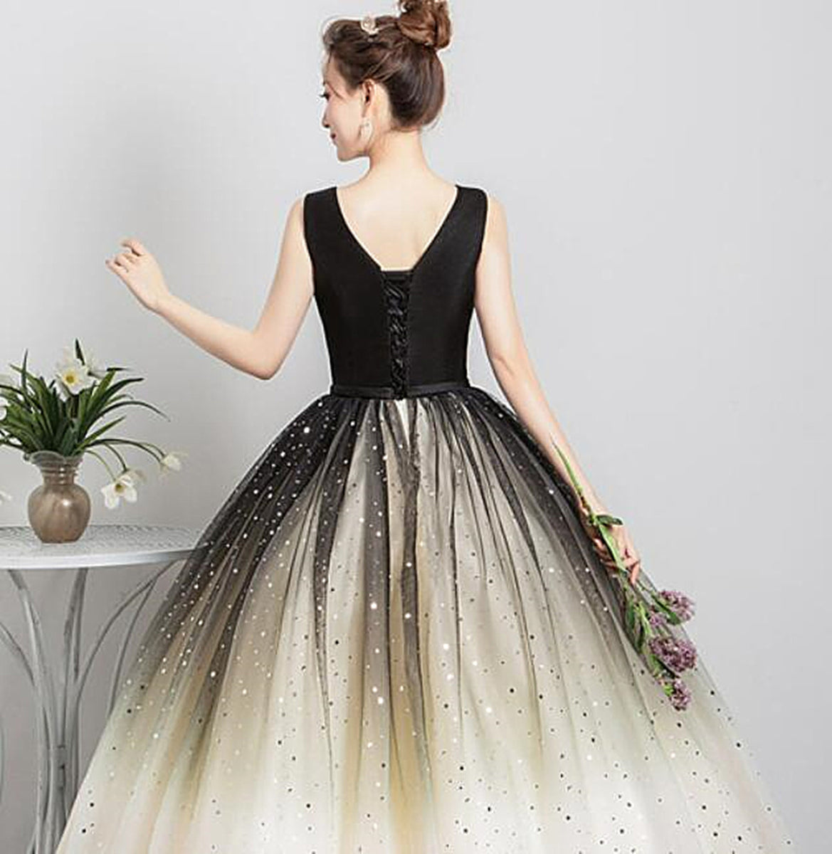 Beautiful Gradient Tulle V Neckline Ball Gown Party Dress Gradient Sw