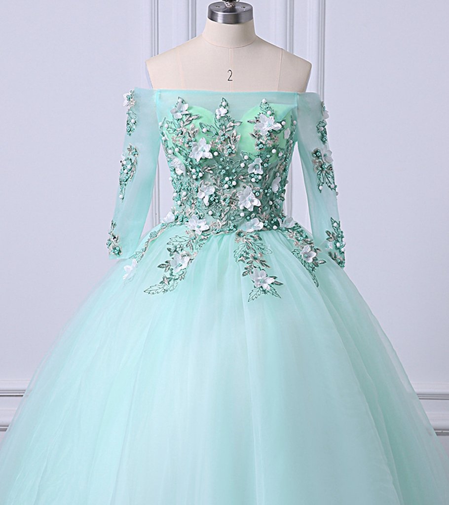 Viniodress Light Green Lace Applique Sweet 16 Ball Gowns Off The Shoulder Wedding Dresses 222240B Light Green / US 2