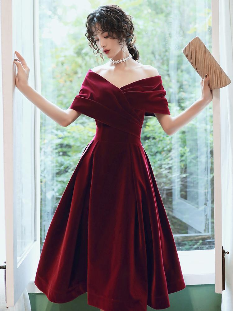 Red Velvet Tea Length Homecoming Dress, Dark Red Party Dresses – BeautyDressy