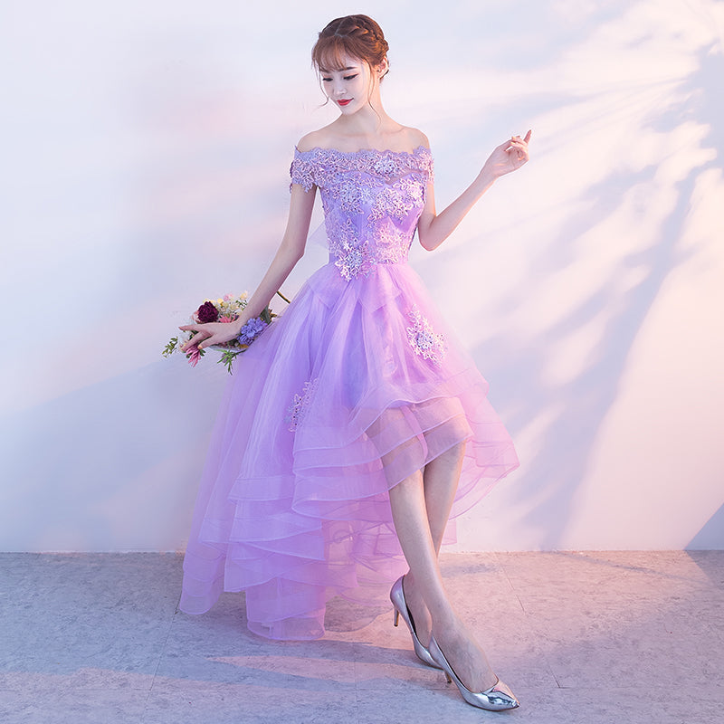 Cute High Low Lavender Tulle Party Dress Off The Shoulder Homecoming