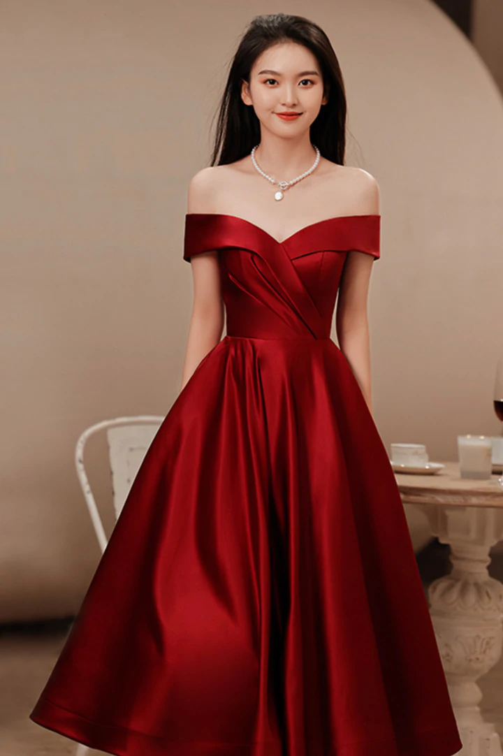 Wine Red Satin Tea Length Bridesmaid Dress Party Dress Burgundy Satin Beautydressy 2111