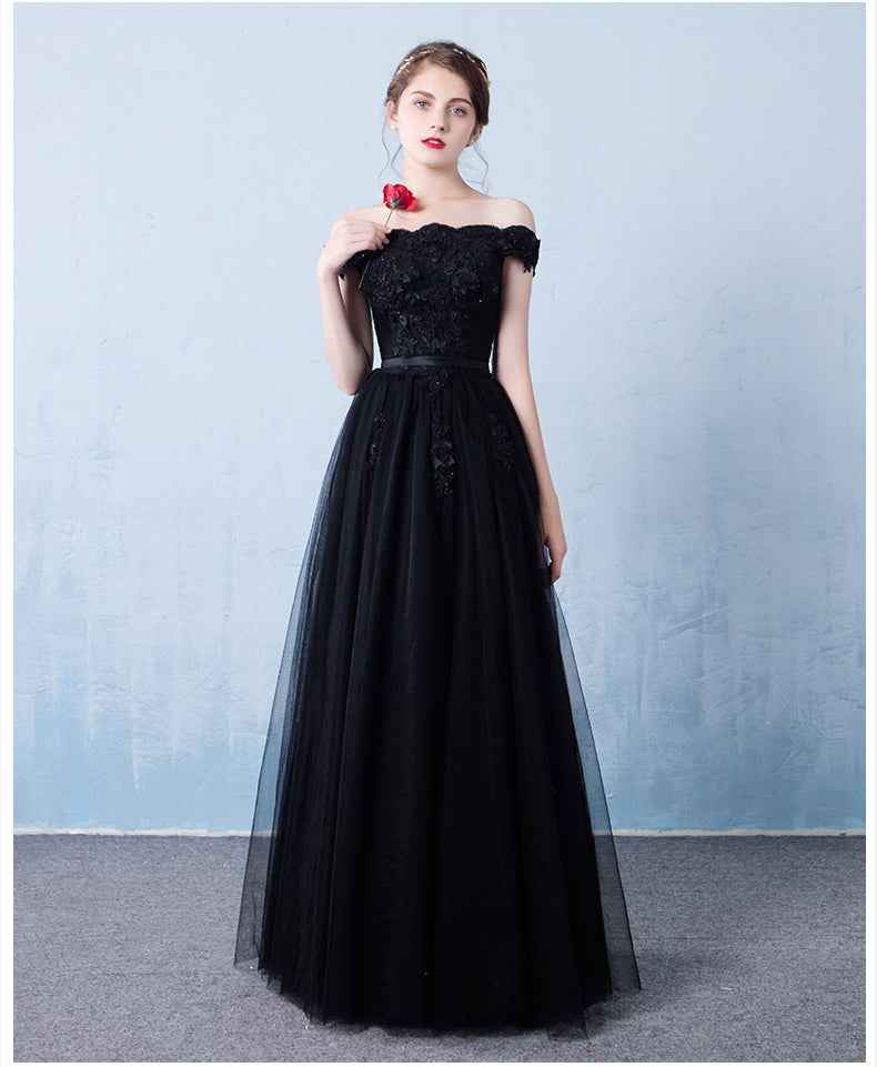 Black Off The Shoulder Tulle A-line Prom Dress, New Formal Gown 