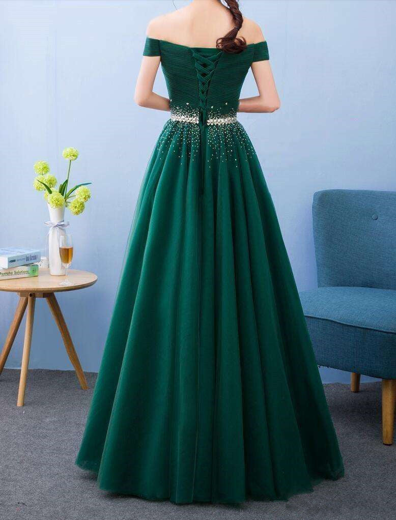 Green Beaded Off Shoulder Long Party Dress, Tulle A-line Evening Dress 