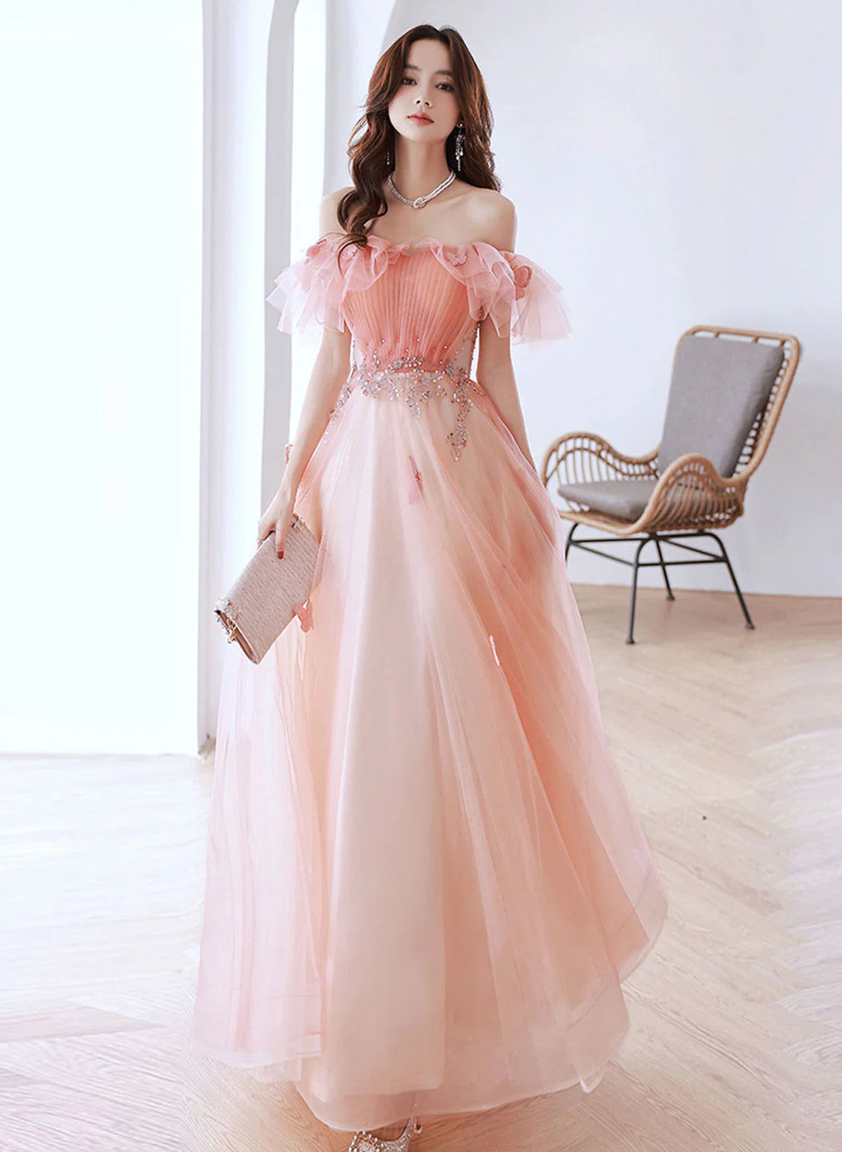 Off the Shoulder Pink Lace Prom Dresses, Off Shoulder Pink Tulle Lace – Eip  Collection