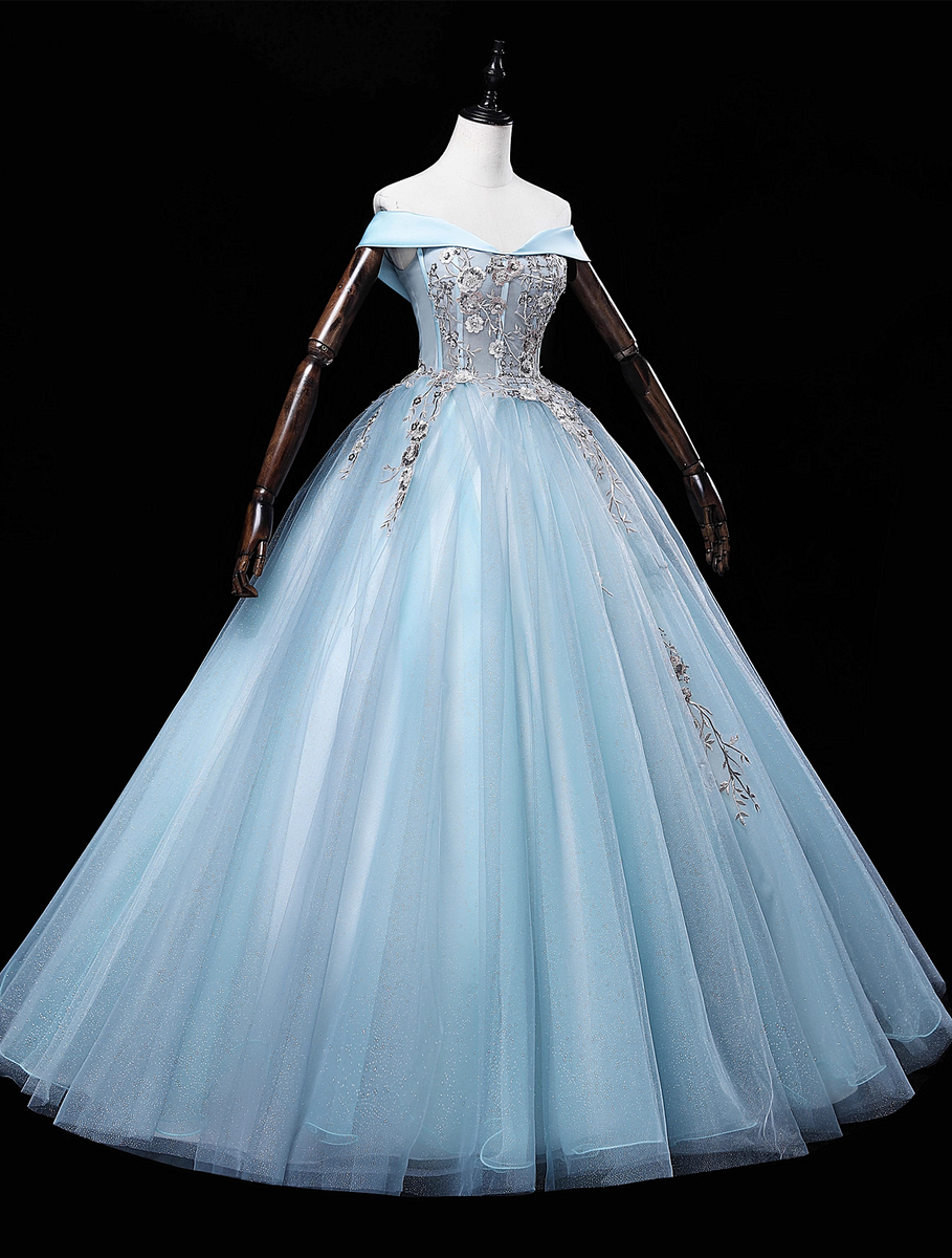 Light Blue Off Shoulder Flowers Tulle Long Party Dress, Light Blue Swe ...