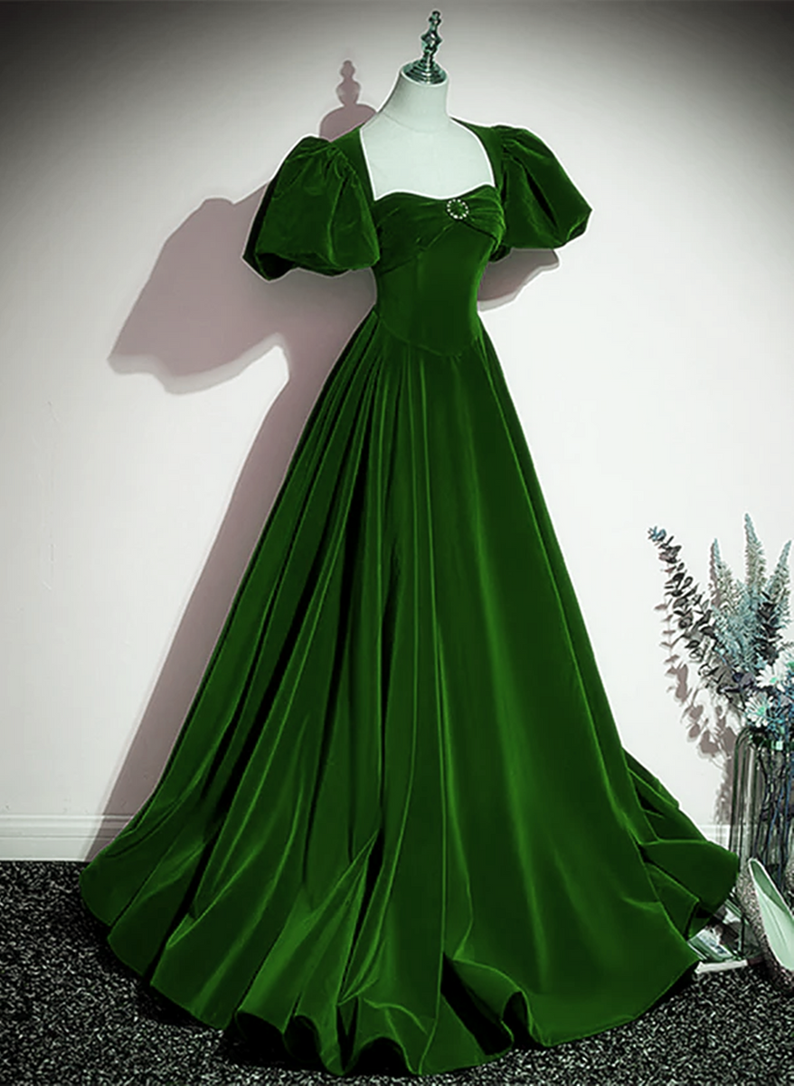 Green Velvet Backless Long Party Dress, Green Short Sleeves Formal Dre ...