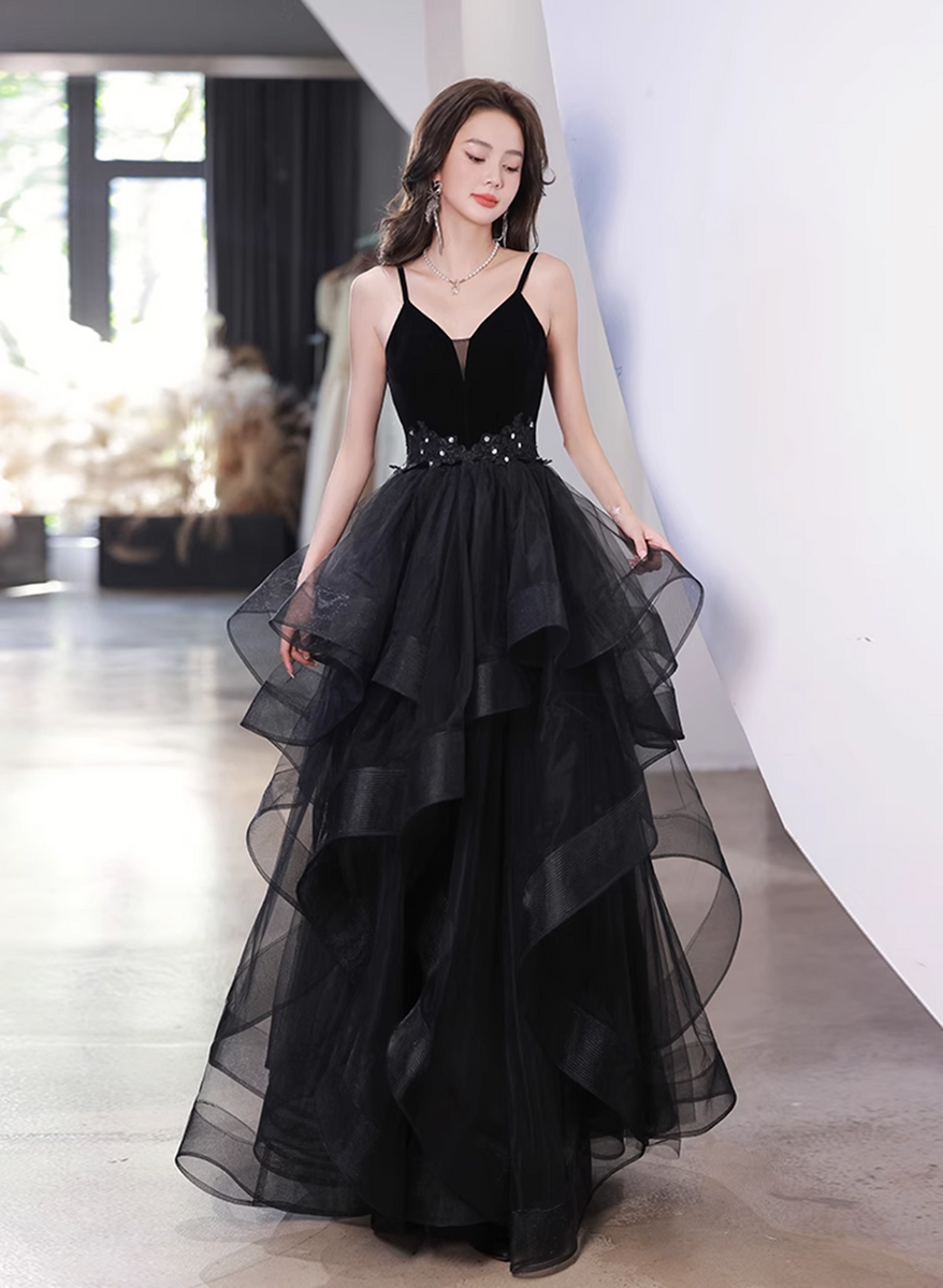 Black Tulle Straps V-neckline Beaded Long Formal Dress, Black A-line P ...