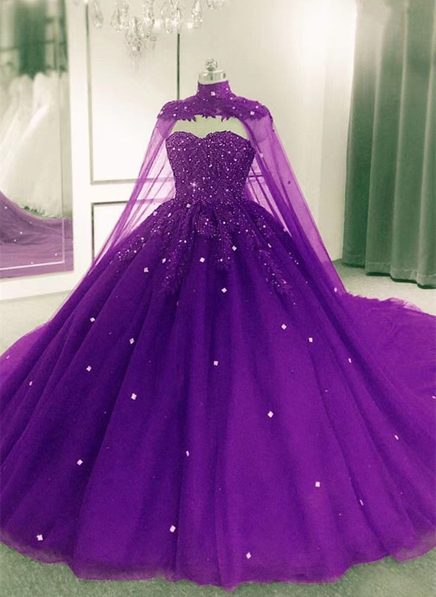 Gorgeous Tulle Purple Ball Gown Sweet 16 Dress with Cape, Purple Long ...