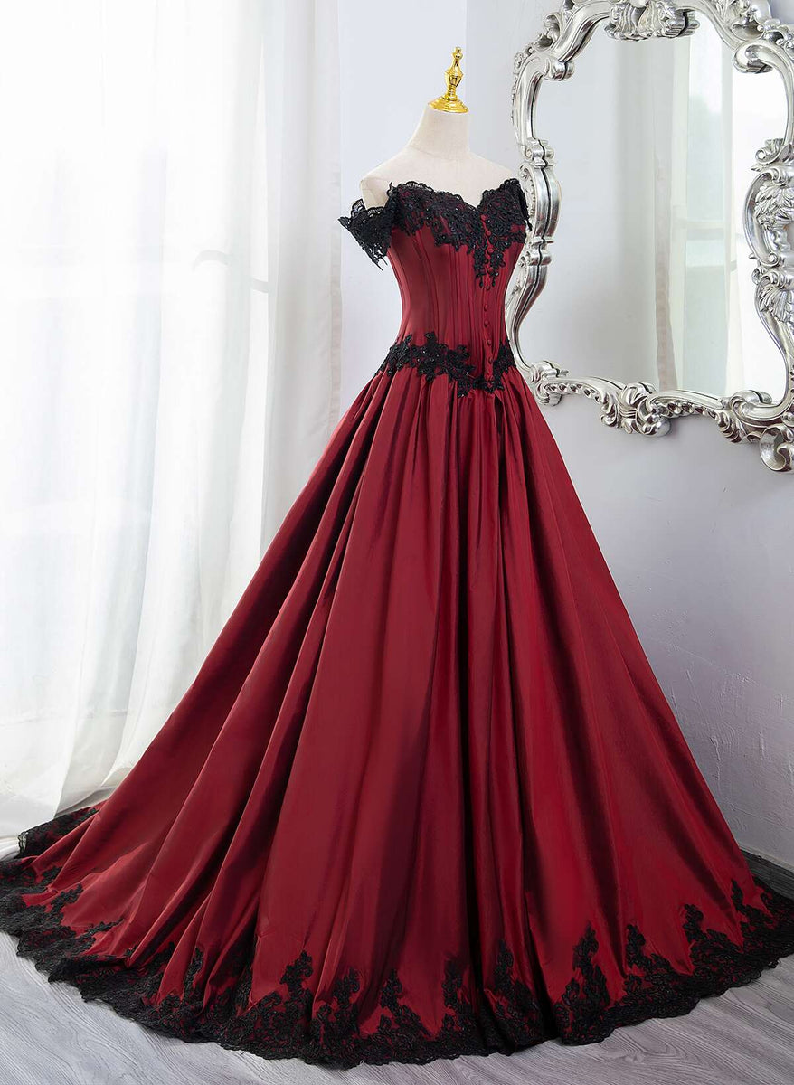 Elegant Off Shoulder Wine Red Prom Dress with Black Lace, Wine Red Eve ...