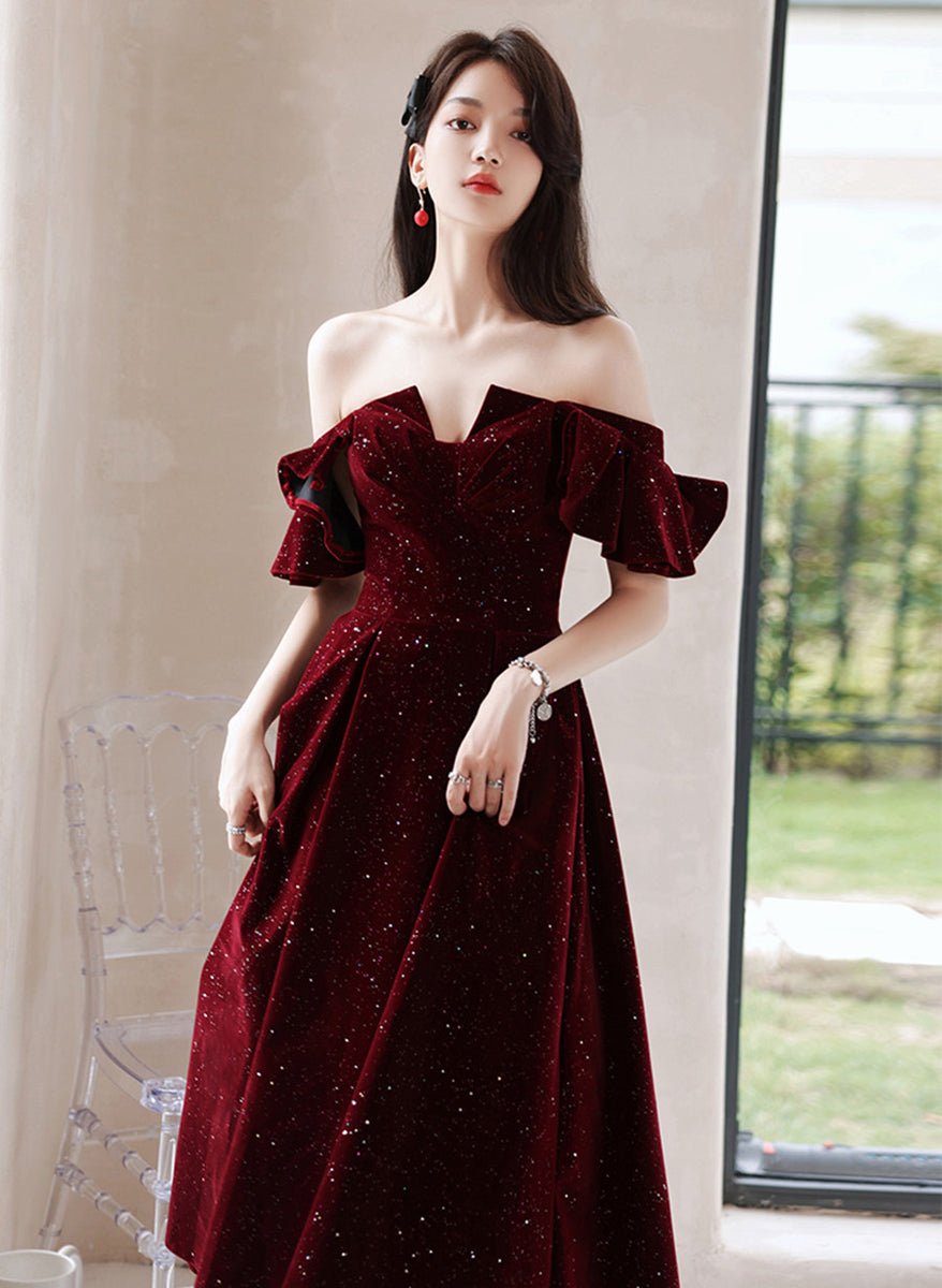 Wine Red Velvet Tea Length Party Dress Graduation Dress, Wine Red Prom ...