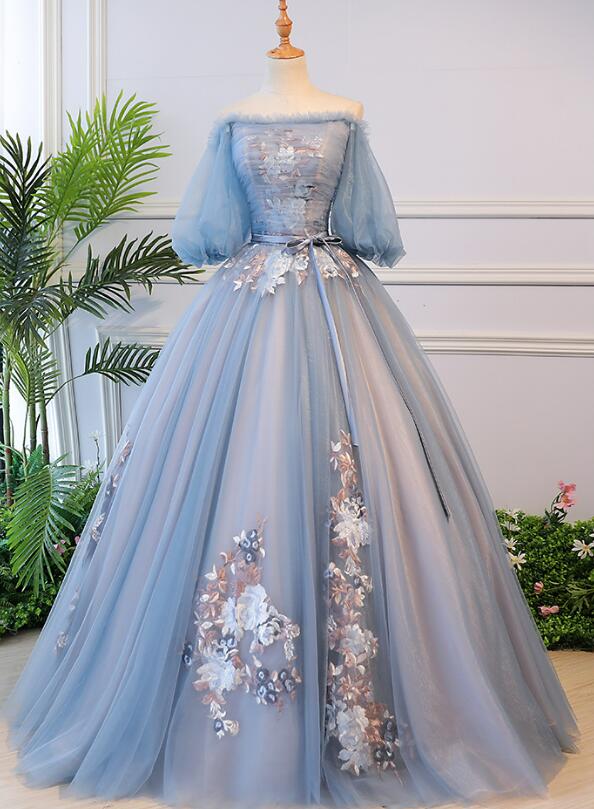 Beautiful Blue Tulle Off Shoulder with Lace Floral Long Party Dress, C ...