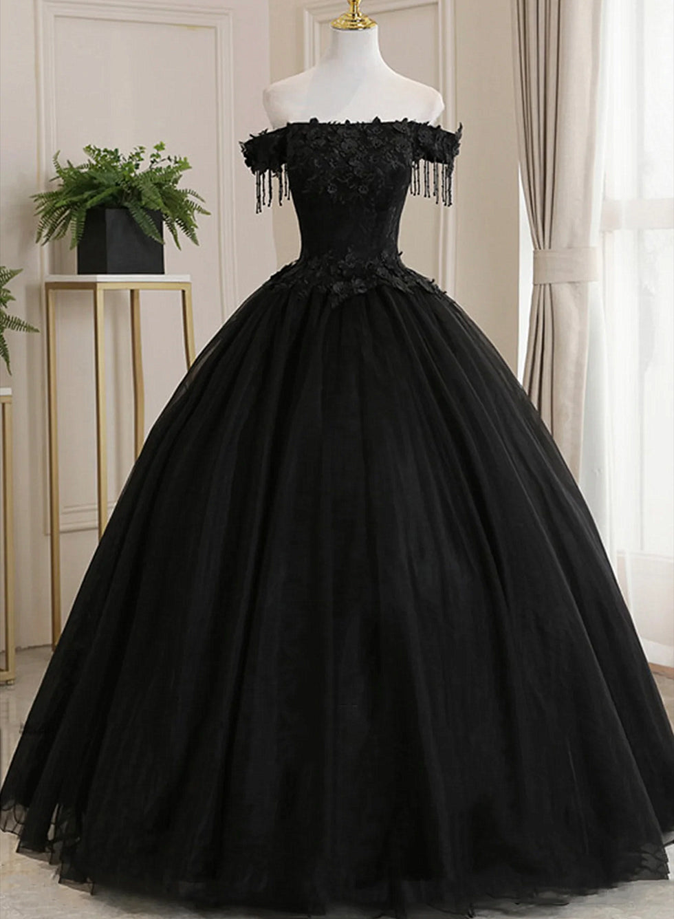 Black Off Shoulder Sweet 16 Formal Dress with Lace, Black Long Prom Dr ...