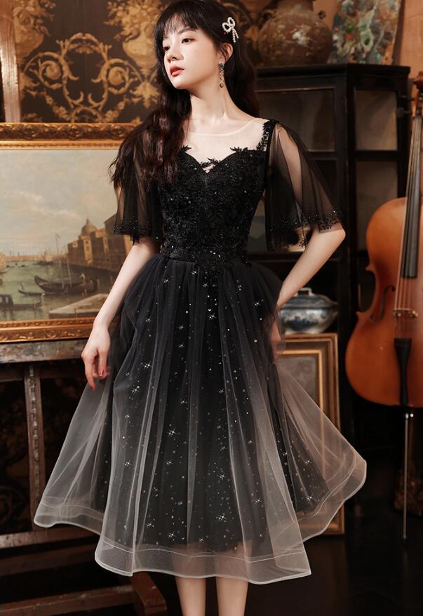 Black Tulle Gradient Short Sleeves Party Dress with Lace, Short Prom D ...