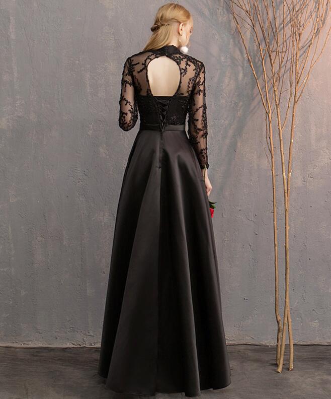 Black Satin and Lace Long Formal Dress Party Dresses, Black Evening Dr ...