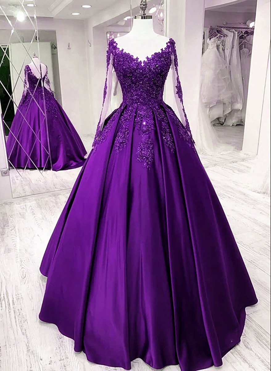 Purple Satin Long Sleeves with Lace Applique Party Dress, A-line Sweet ...