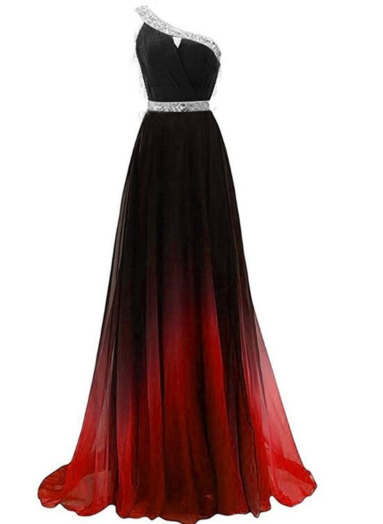 Beautiful Red and Black Long Party Dress, Gradient One Shoulder Prom D BeautyDressy