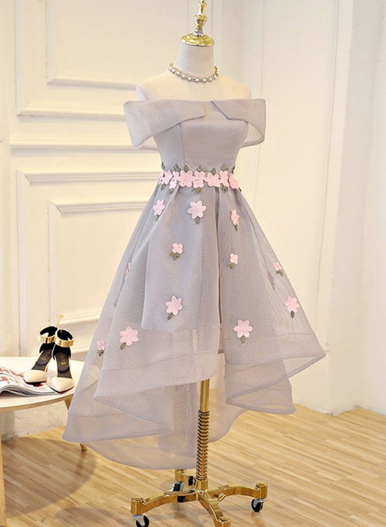 Light Grey Tulle with Flowers High Low Fashionable Party Dress, Grey H ...