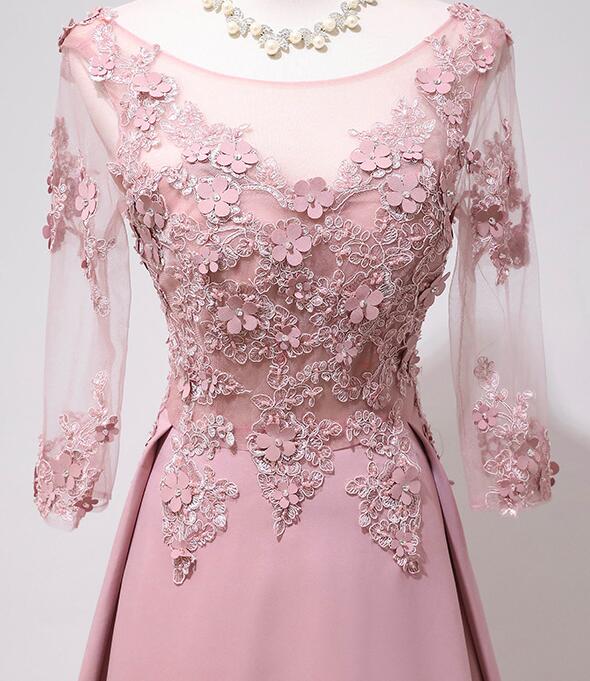 Elegant Pink Long Sleeves Lace Applique Long Party Dress, Pink Prom Dr ...