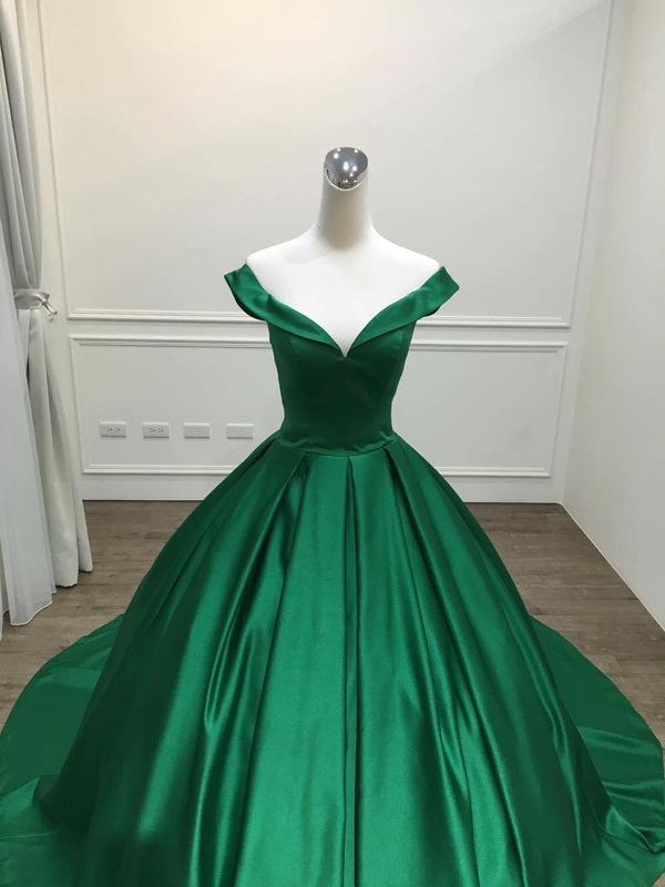 Dark Green Satin Ball Gown Long Evening Dress Prom Dress, Green Formal ...
