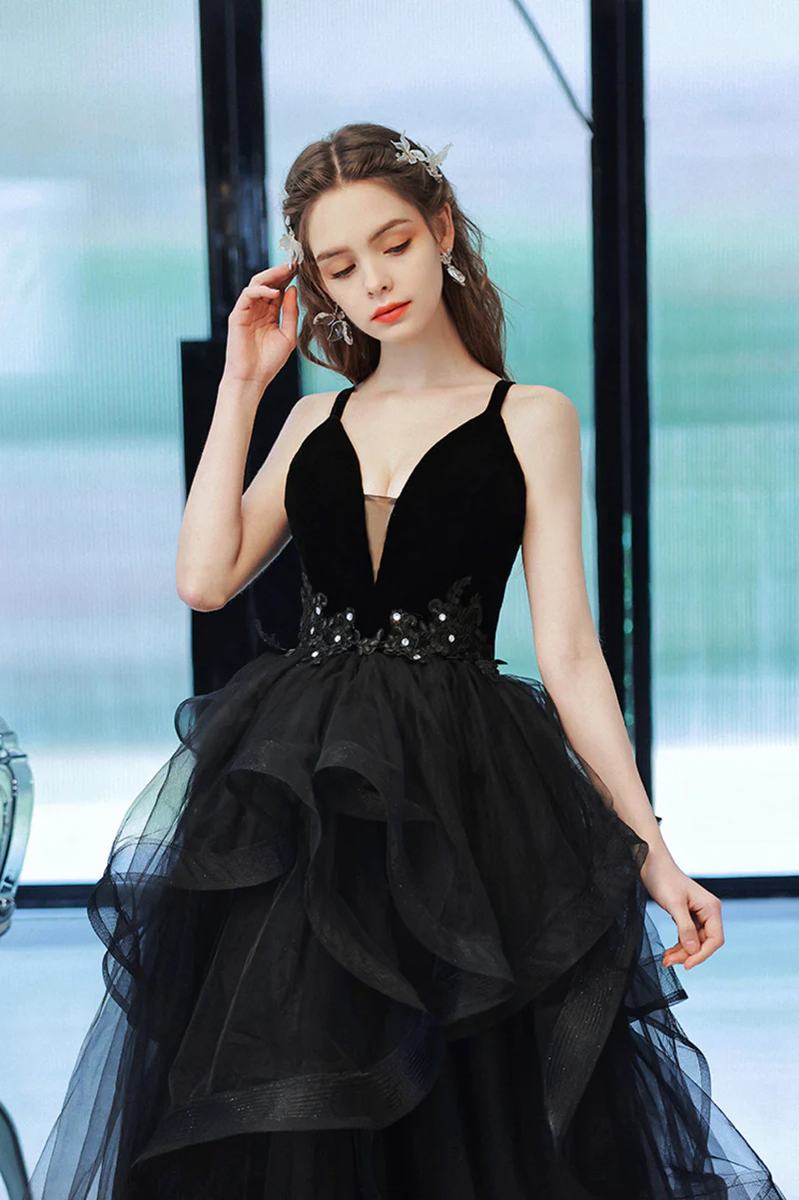 Black Straps V-neckline Tulle Long Party Dress, Black Low Back Prom Dr ...