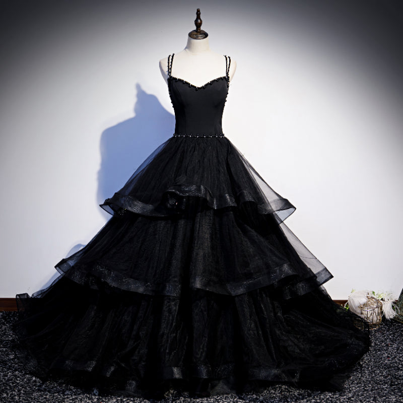 Black Tulle Layers Straps Beaded Long Evening Dress, Black Formal Dres ...