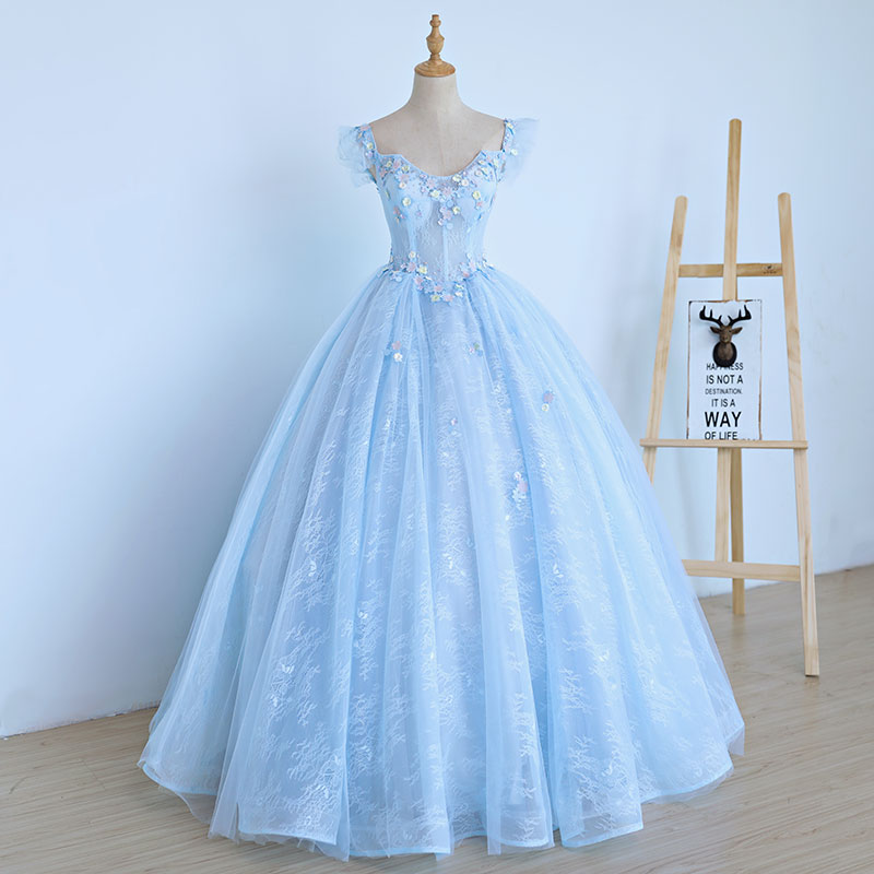 Lovely Light Blue Lace Cap Sleeve Sweet 16 Prom Dress, Evening Dress ...