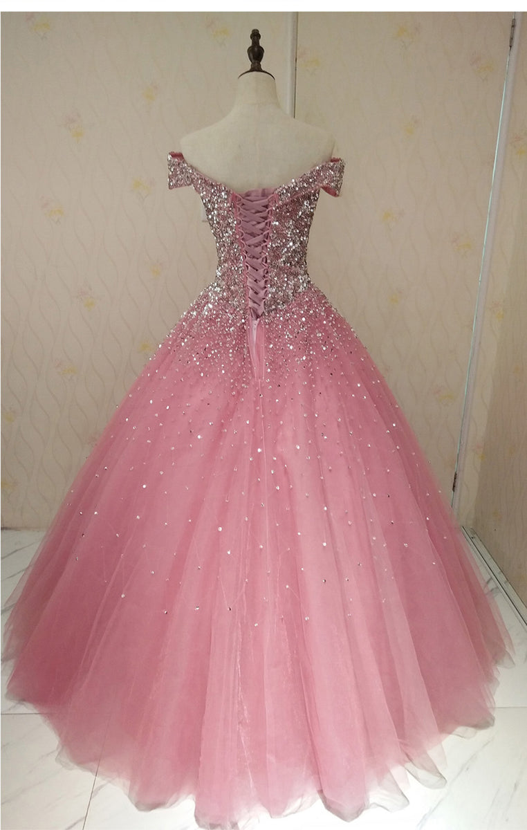 Lovely Pink Tulle Off Shoulder Sweet 16 Party Dress, Long Formal Gown ...