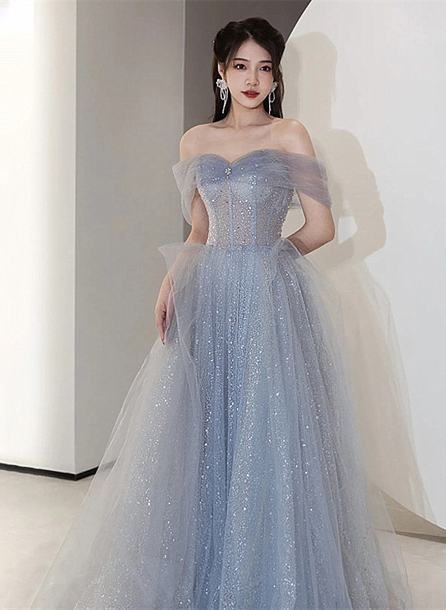 Off Shoulder Light Blue Tulle Long Party Dress, Shiny Tulle A-line Pro ...