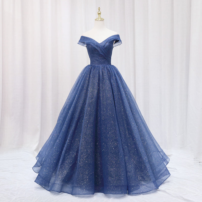 Navy Blue Off Shoulder Shiny Tulle Floor Length Prom Dress, Blue Prom ...