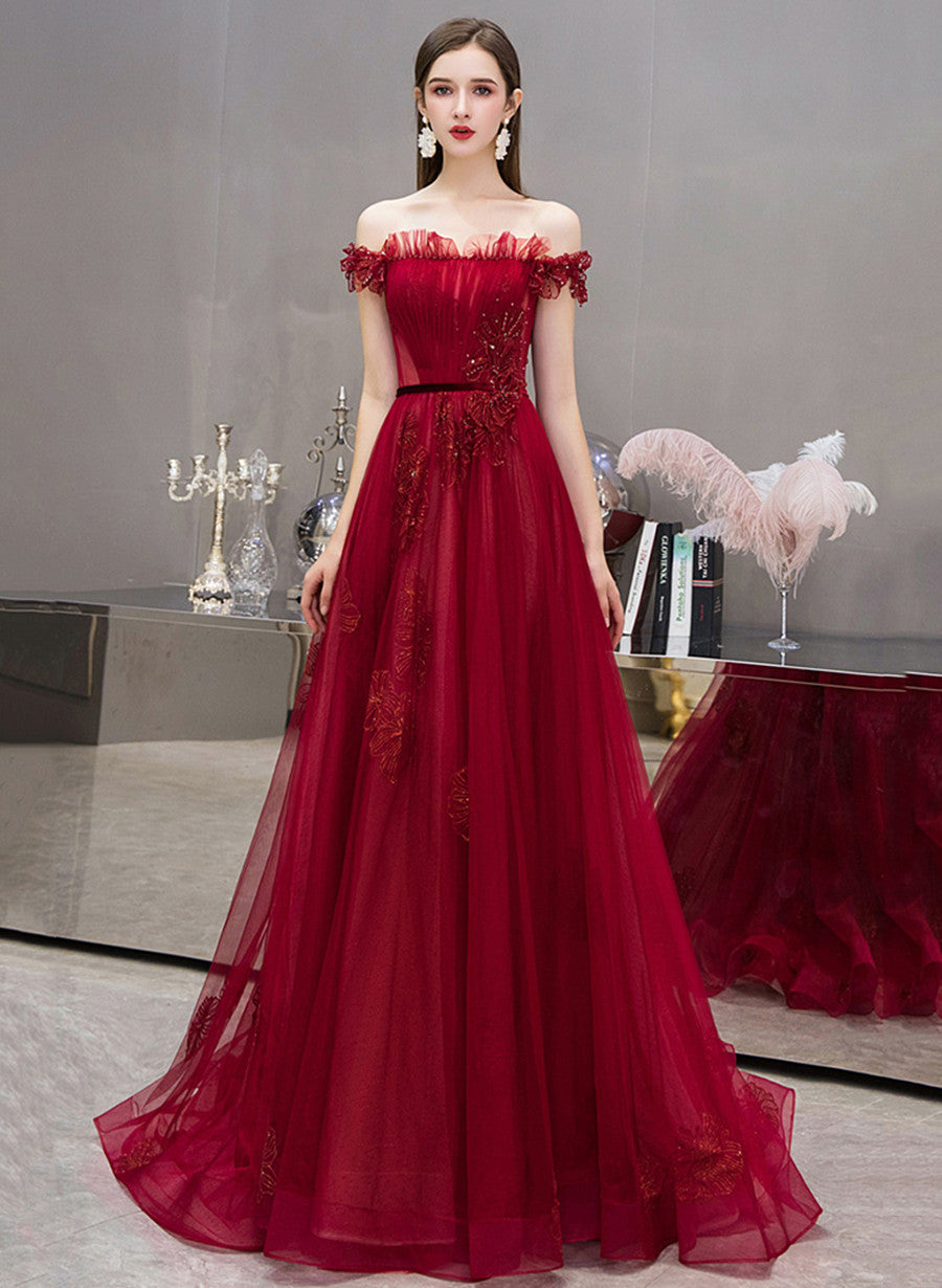 Off Shoulder Red Tulle Floral Long Prom Dresses, Off the Shoulder