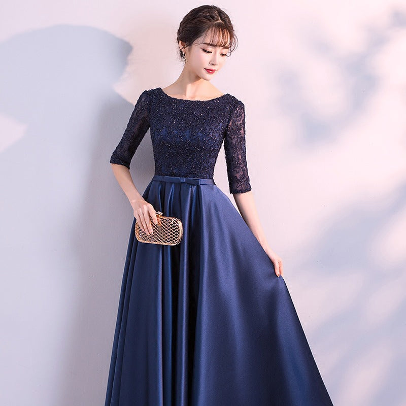Navy Blue Satin with Lace Top Long Party Dress, Short Sleeves Prom Dre ...