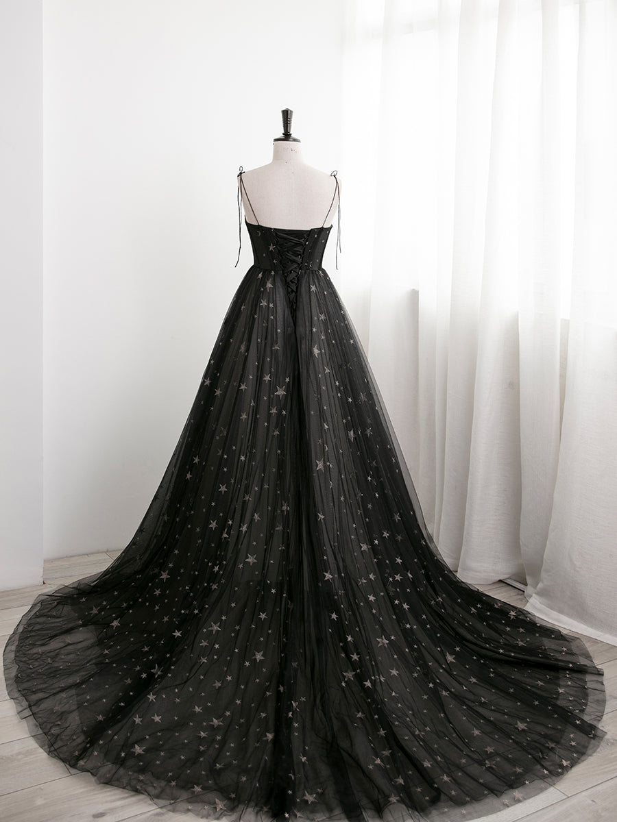 Black Sweetheart Tulle Straps Long Formal Dress, Black Evening Party D ...