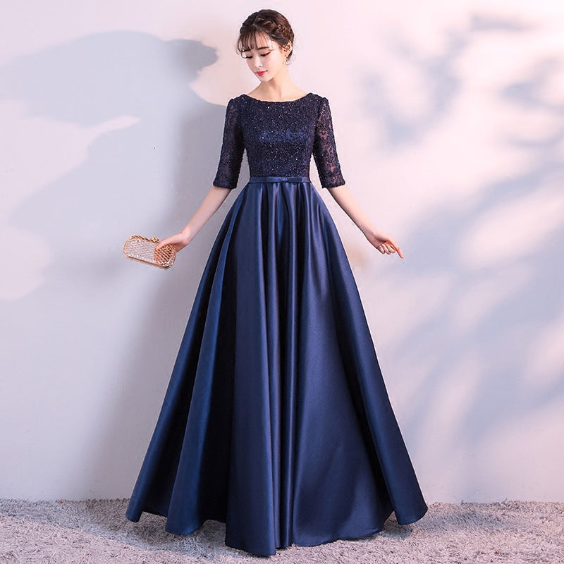 Navy Blue Satin with Lace Top Long Party Dress, Short Sleeves Prom Dre ...