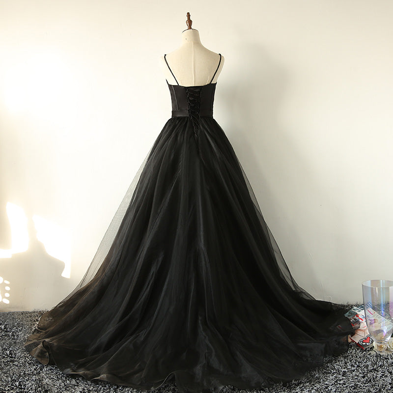 Elegant Black Straps Tulle Sweetheart Prom Dress, Black Party Dress ...