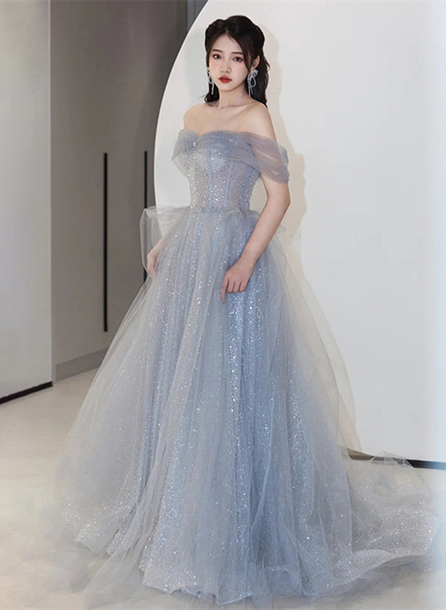 Off Shoulder Light Blue Tulle Long Party Dress, Shiny Tulle A-line Pro ...