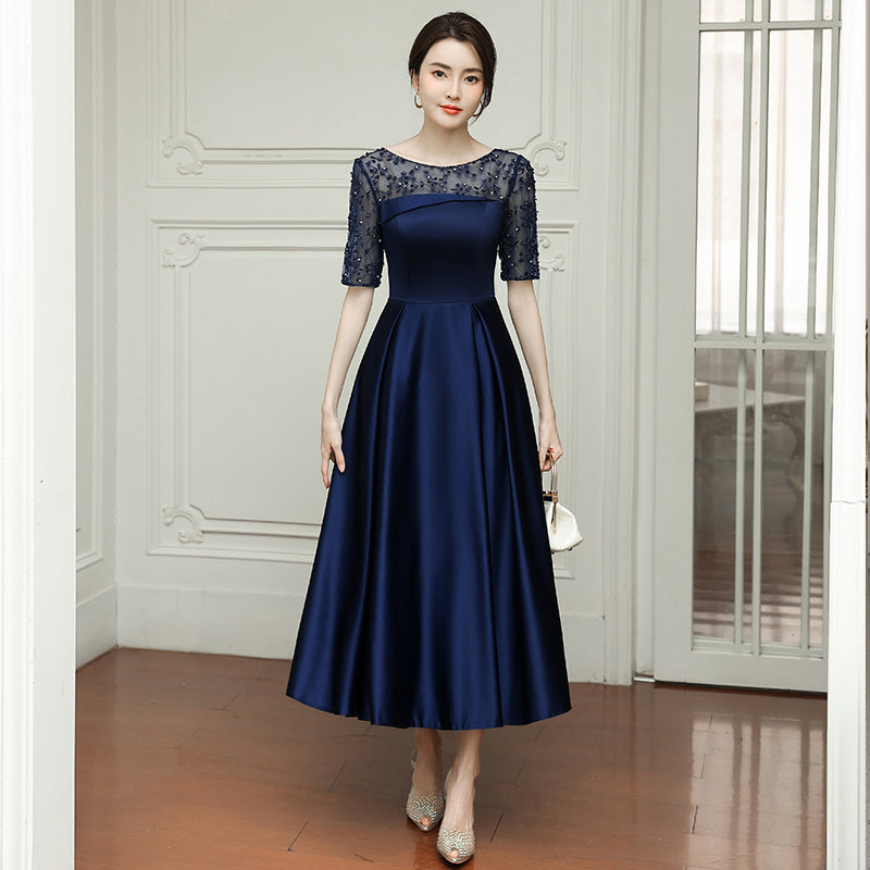 Navy Blue Tea Length Satin Short Sleeves Party Dress, Blue Wedding Par ...