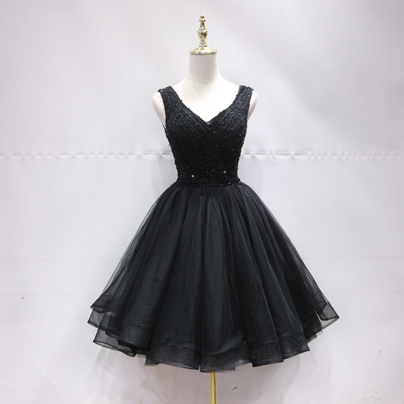 Black Tulle V Back Beaded Knee Length Homecoming Dress, Black Short Pa ...