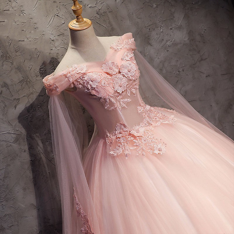 Pink Long Tulle with Lace Applique Ball Gown Sweet 16 Dresses, Pink Fo ...