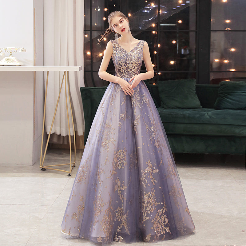 Purple V-neckline with Gold Lace Applique Tulle Prom Dress, A-line Pur ...