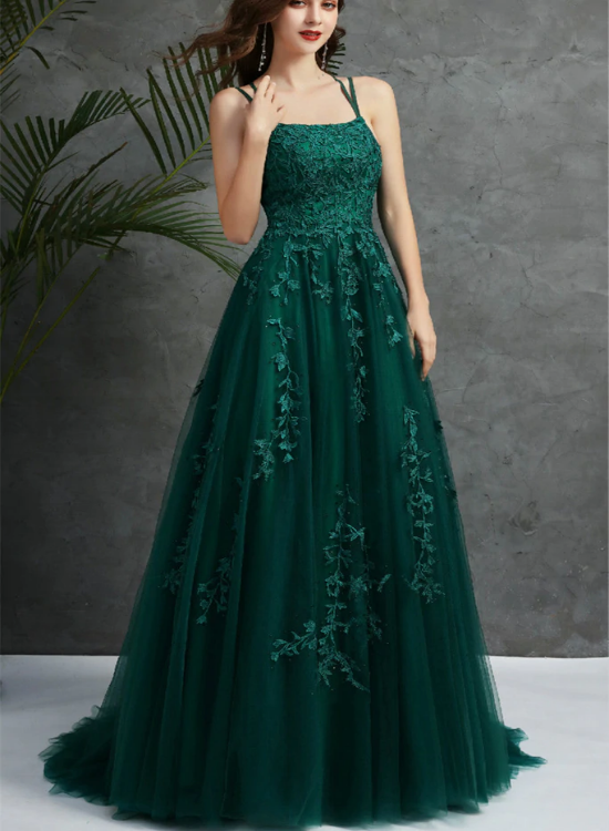 Dark Green Tulle Lace Applique Cross Back Long Prom Dress, Green Eveni ...
