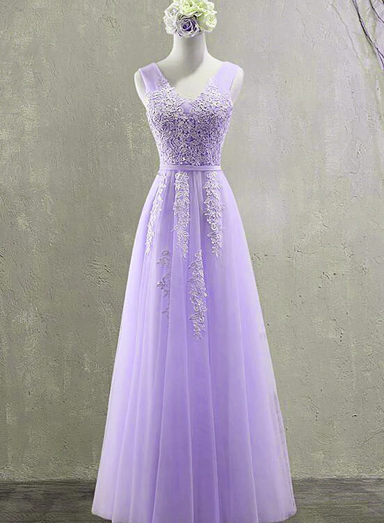 Cute Light Purple Tulle with Lace V-neckline Prom Dress, Long Evening ...