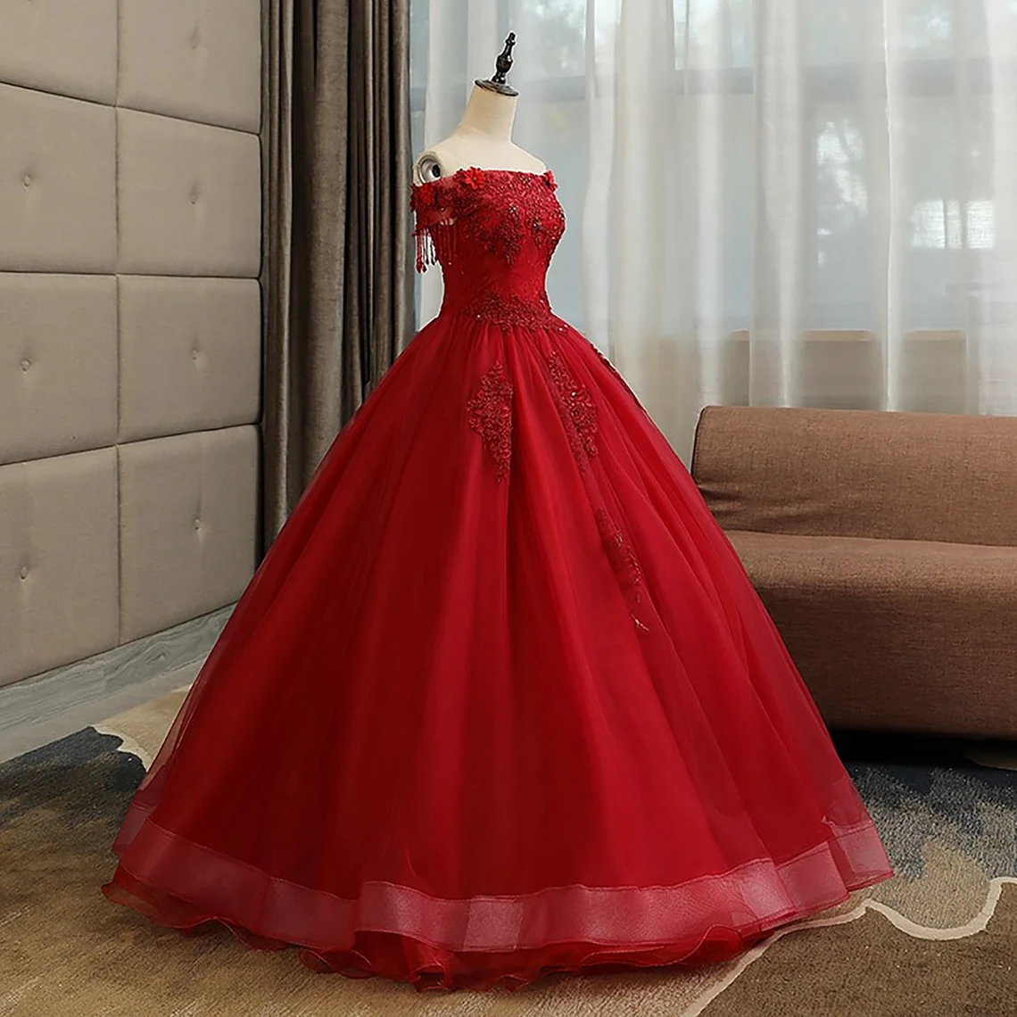 Glam Wine Red Quinceanera Dress Party Dress, Tulle Long Embroidered wi ...