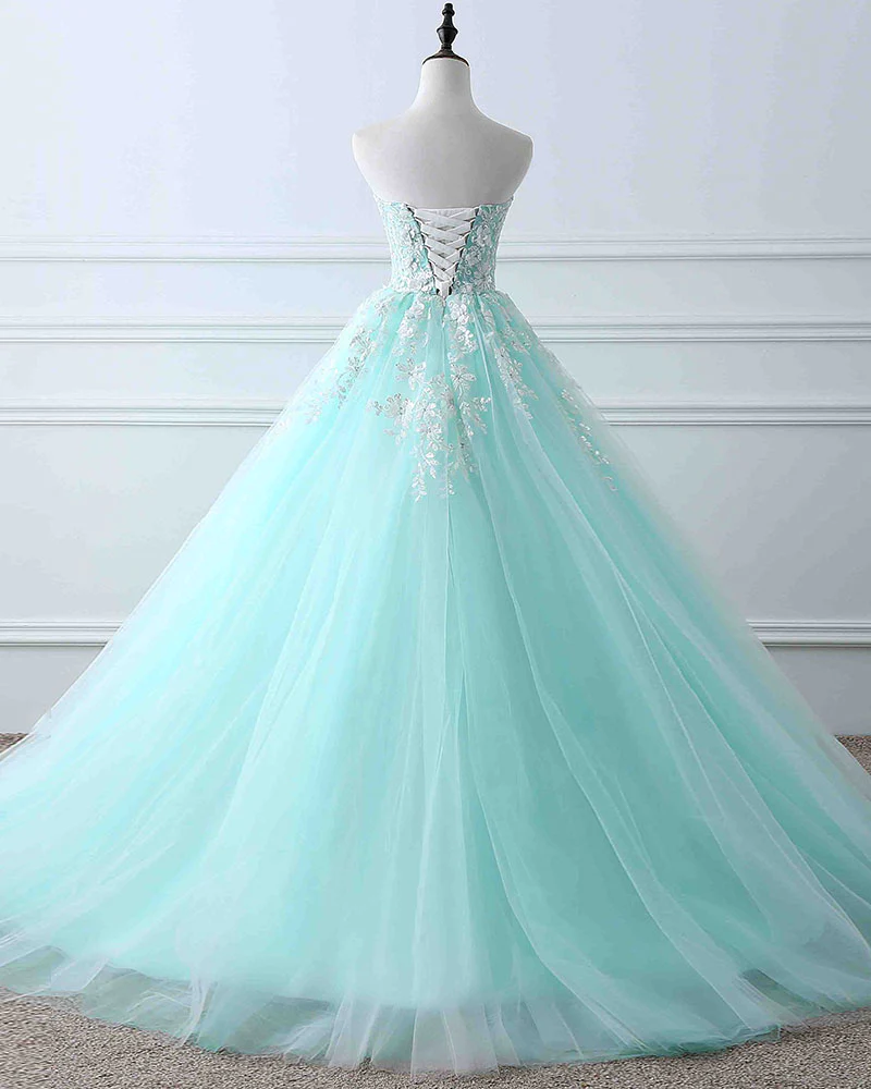 Charming Mint Green Tulle Ball Gown Sweet 16 Dress, Lace Applique Prom ...