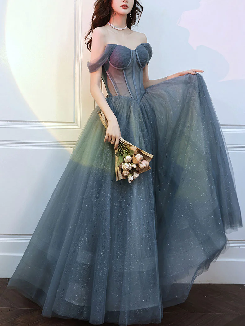 Beautiful Grey Tulle Off Shoulder Long Prom Party Dress, Grey Evening ...