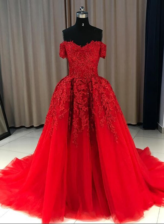 Red Gorgeous Sweetheart Off Shoulder Lace Applique Ball Gown Prom Dres ...
