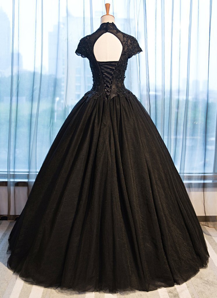Beautiful Black Cap Sleeves Long Tulle Party Dress, Black Prom Dress ...