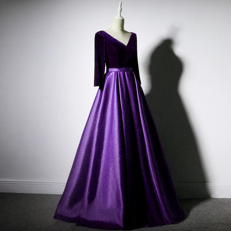 Dark Purple Long Sleeves V-neckline Velvet and satin Long Party Dress ...