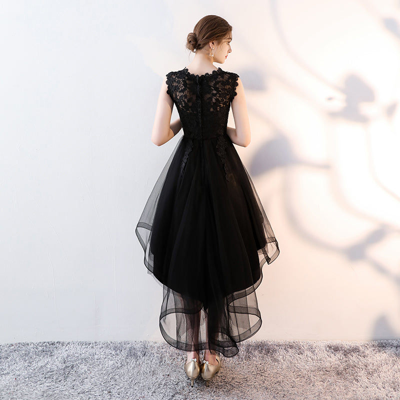 Black Tulle Round Neckline High Low Party Dress, Black Homecoming Dres ...