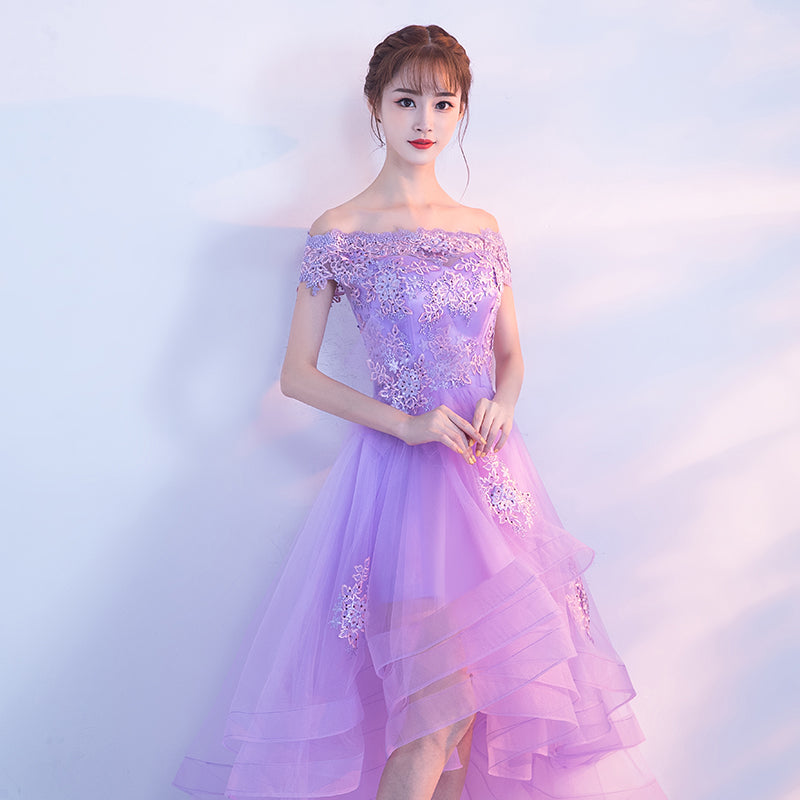 Purple High Low Off Shoulder Lace Applique Prom Dresses, Light Purple ...