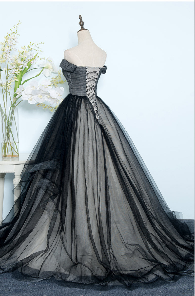 Beautiful Black Tulle Off Shoulder Floor Length Gown, Black Evening Dr ...